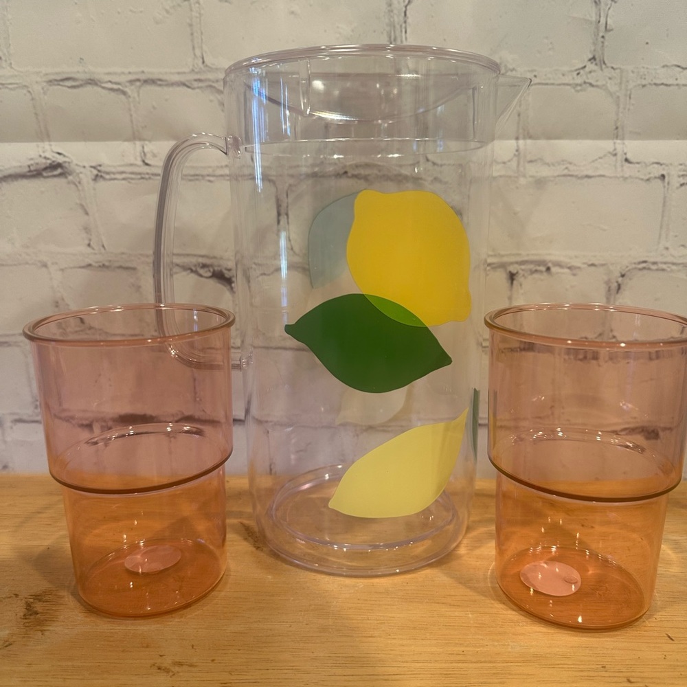 Kate Spade Lemon Print Pitcher and Pink Glass Set